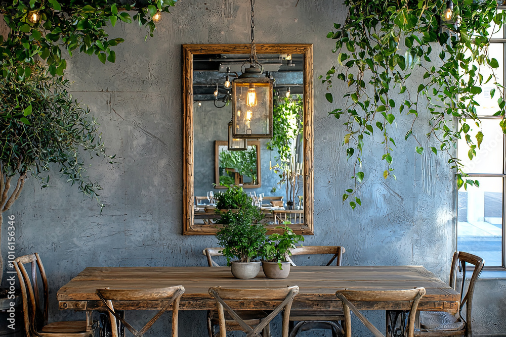 Obraz premium beautifully designed dining space featuring natural wood table surrounded by greenery and elegant decor. warm ambiance is enhanced by mirror reflecting inviting atmosphere