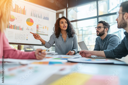 Obraz na płótnie A diverse group of employees gathered around a table in an office setting for a team meeting.This image is ideal for illustrating collaboration, inclusivity, and teamwork in a professional environment w salonie
