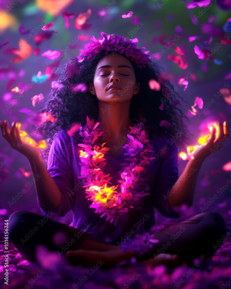 Woman meditating in a vibrant, flower-filled environment with colorful petals. Woman meditating in a vibrant, flower-filled environment with colorful petals.