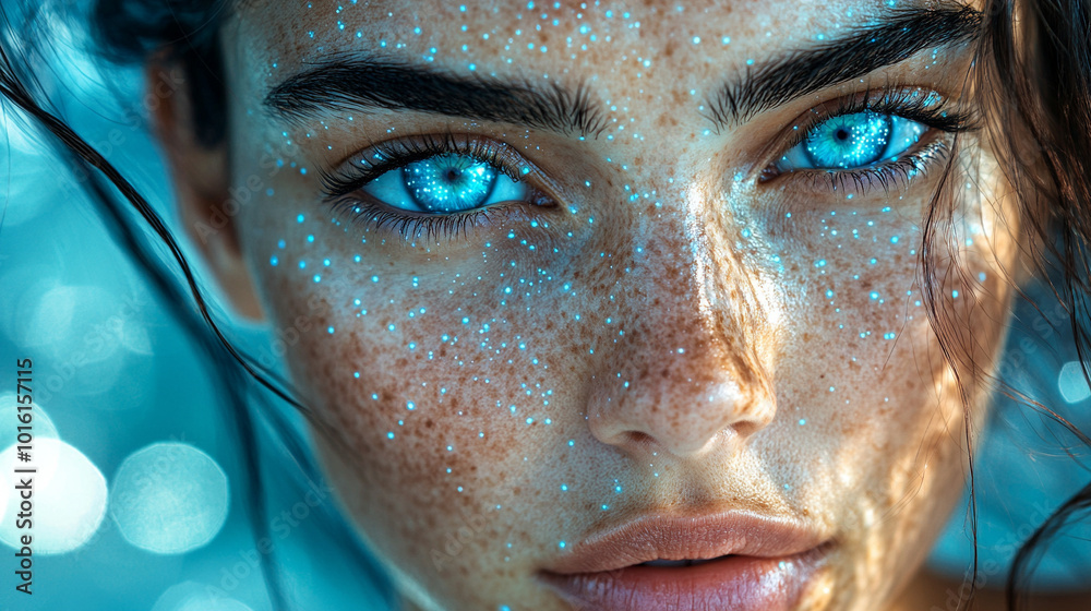 abstract visual of a young woman's eye, symbolizing perception and insight, intertwined with digital elements, representing future technology and the merging of humanity with innovation