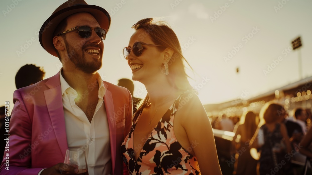 Smiling couple in stylish attire enjoys the warmth of a sunlit day at a bustling racetrack, the atmosphere vibrant and filled with shared joy. Smiling couple in stylish attire enjoys the warmth of a sunlit day at a bustling racetrack, the atmosphere vibrant and filled with shared joy.