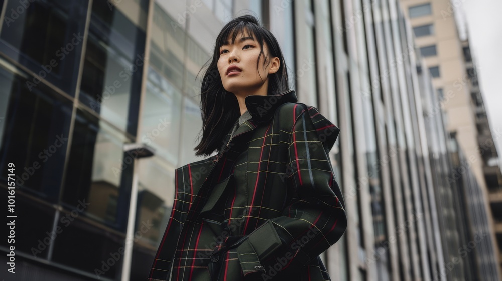 A stylish woman gazes upwards against a backdrop of towering city buildings, her plaid coat adding to her confident urban demeanor.