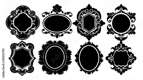 Large set of vector black silhouette frames or cartouches for badges in ornate classical curved and rounded symmetrical designs and shapes