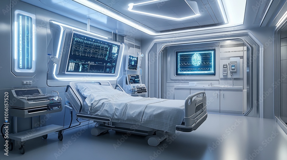 Interior of a state-of-the-art hospital room with a cozy bed, high-tech medical devices, and modern decor, emphasizing patient comfort and care Interior of a state-of-the-art hospital room with a cozy bed, high-tech medical devices, and modern decor, emphasizing patient comfort and care