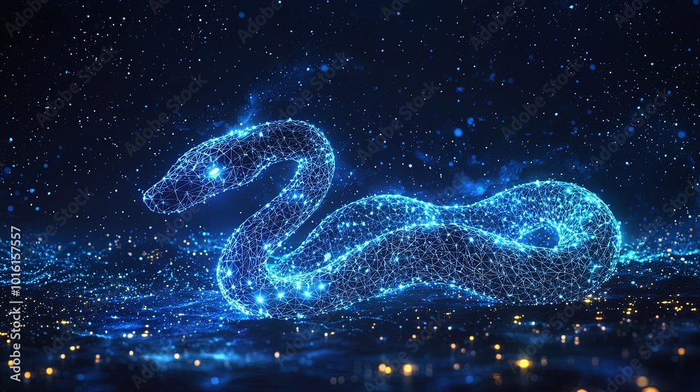 A neon blue serpent composed of intricate digital networks glides peacefully through an electric ambience, capturing harmony and modern technical elegance. A neon blue serpent composed of intricate digital networks glides peacefully through an electric ambience, capturing harmony and modern technical elegance.