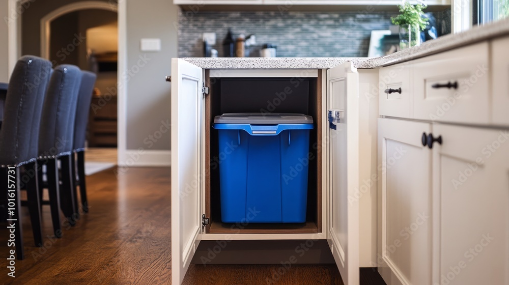 Kitchen cabinet door with a trash bin hanging inside, neatly organized under the sink, showcasing an easy waste disposal method