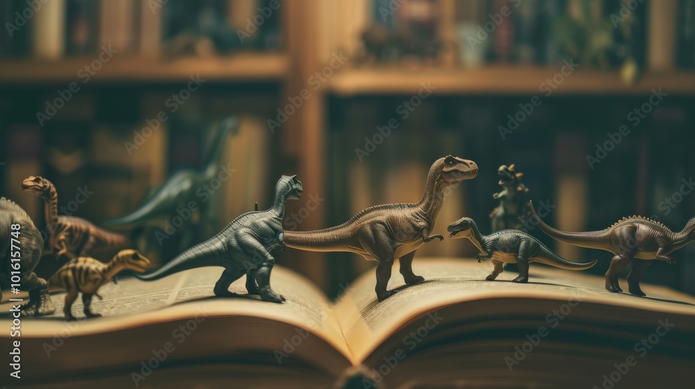 Naklejka premium Toy dinosaurs parade across an open book, evoking childhood wonder and a love for learning in an imaginative library setting.
