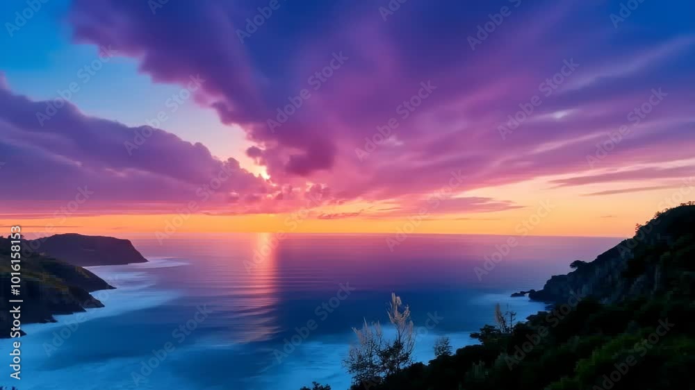 A vibrant sunset over a coastal landscape with colorful clouds and serene ocean waves. A vibrant sunset over a coastal landscape with colorful clouds and serene ocean waves.
