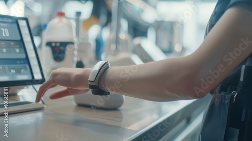 A futuristic hand device scans for payments in a sleek, modern retail setting, showcasing advanced technology in daily life.