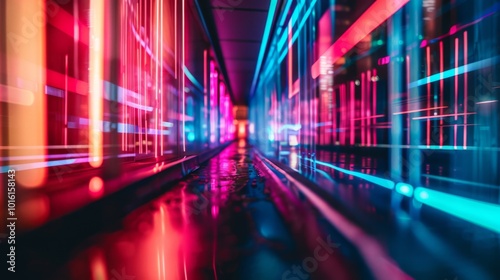 A long tunnel of neon lights showcases vibrant pink and blue hues, capturing a sense of speed and futuristic motion.