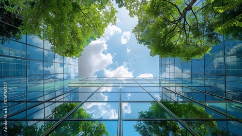 Modern Glass Building with Green Trees and Plants Reflecting Surrounding Architecture for Eco-Friendly Business Design