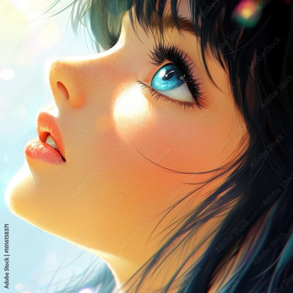 Fototapeta premium A girl gazes upward in wonder, illuminated by soft sunlight on a serene afternoon