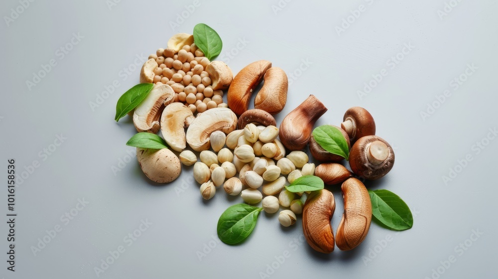 An artful arrangement of assorted nuts and mushrooms on a minimalist surface creates a harmonious blend of textures and shapes. An artful arrangement of assorted nuts and mushrooms on a minimalist surface creates a harmonious blend of textures and shapes.