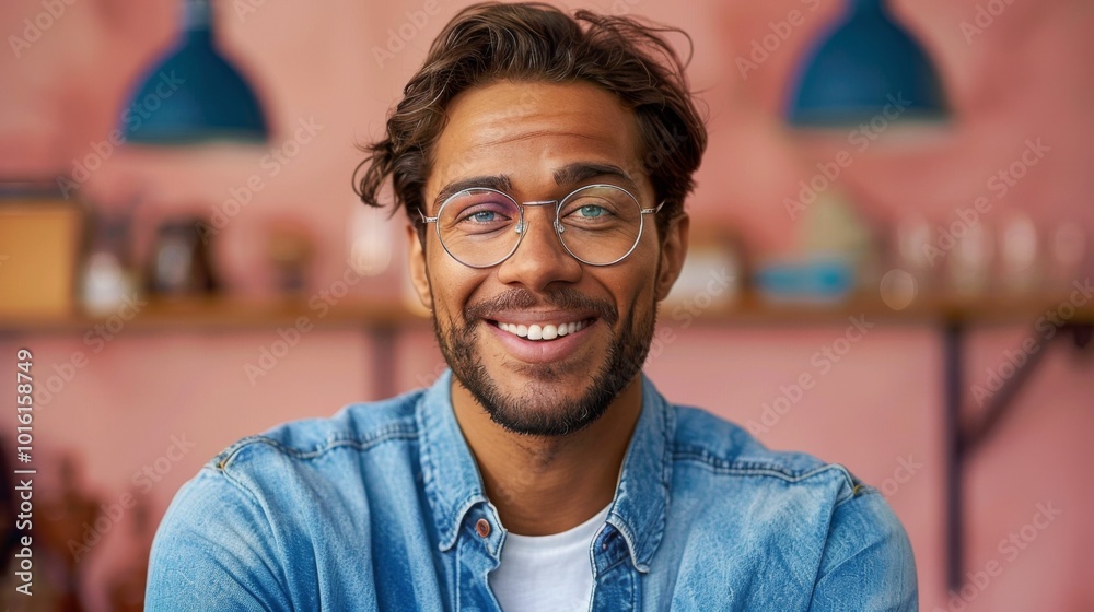 Fototapeta premium Young man wearing trendy eyeglasses and denim shirt