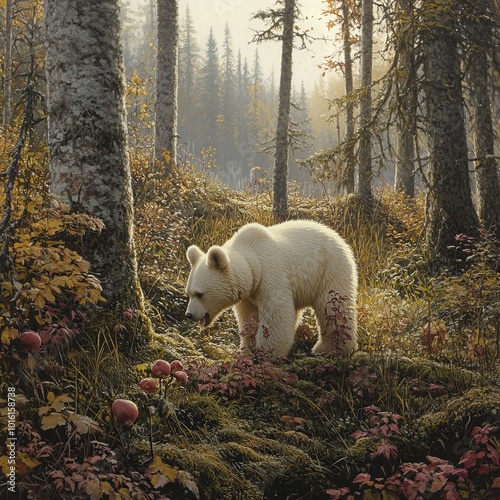 Spirit Bear in Tranquil Forest, Pastel Hues of Pink, Blue, and Creamy White, Serene Wildlife Art photo