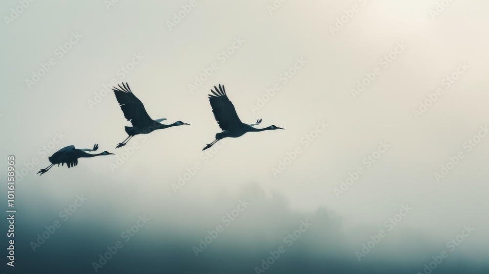 Fototapeta premium Three cranes in flight through a misty, tranquil marshland, creating an ethereal and peaceful scene.