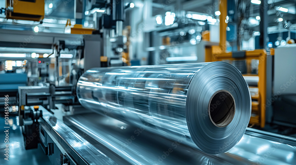 A large roll of plastic film being prepared for use in an automated packaging machine, illustrating the scale and efficiency of modern production processes A large roll of plastic film being prepared for use in an automated packaging machine, illustrating the scale and efficiency of modern production processes