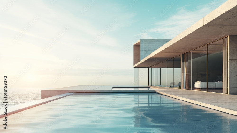 Fototapeta premium A luxurious infinity pool merges seamlessly with the ocean horizon, adjacent to a modern glass-fronted villa basking in tranquil sunset hues.