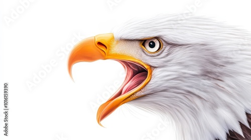 A close up of an eagle's face with its mouth open
