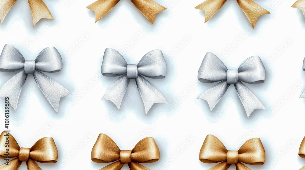 Various decorative bows in gold and silver on a white background for gift wrapping or design elements.