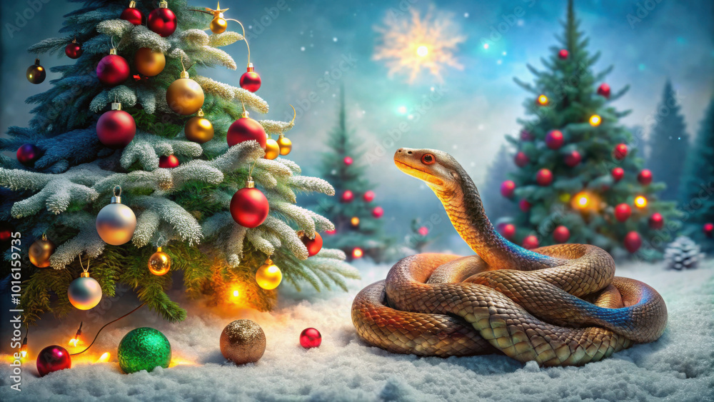 Snake curled up on snow near a beautifully decorated Christmas tree with lights and ornaments, surrounded by a festive winter forest setting Snake curled up on snow near a beautifully decorated Christmas tree with lights and ornaments, surrounded by a festive winter forest setting