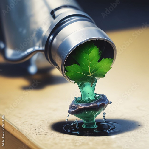 Realistic illustration fuel nozle with green leaf droped from top. photo