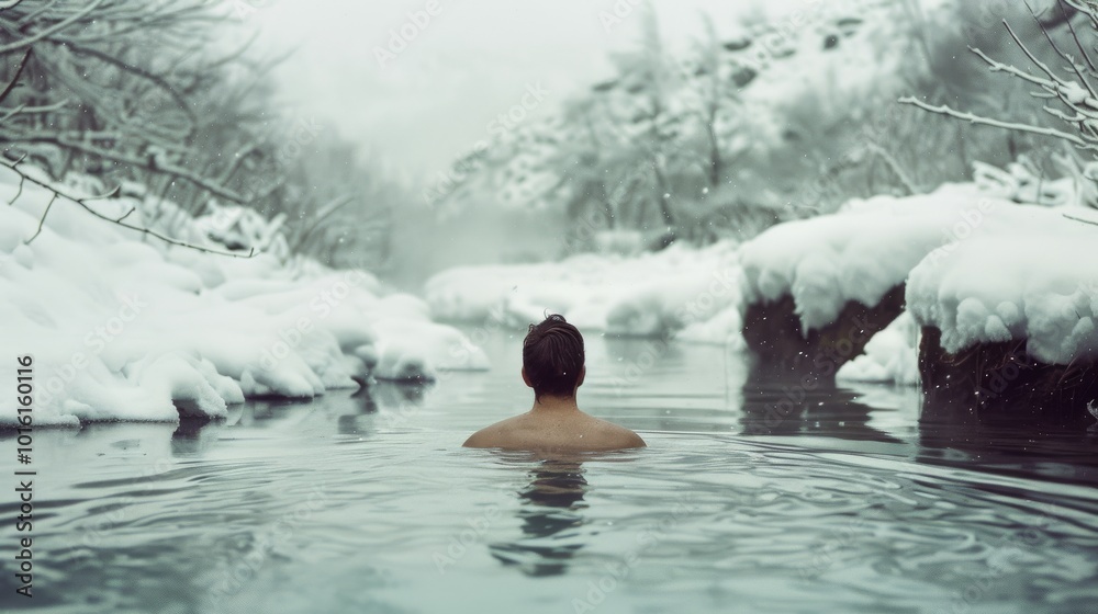 A lone figure bathes in a snow-banked river, surrounded by tranquility and the peaceful hush of winter’s embrace. A lone figure bathes in a snow-banked river, surrounded by tranquility and the peaceful hush of winter’s embrace.