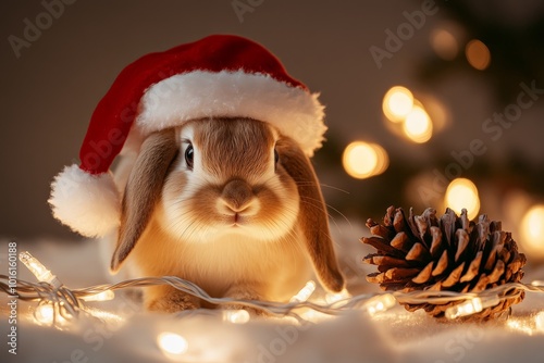 This adorable bunny captivates with a Santa hat as it rests atop twinkling holiday lights and pine cones, creating a delightful and cozy Christmas atmosphere. photo