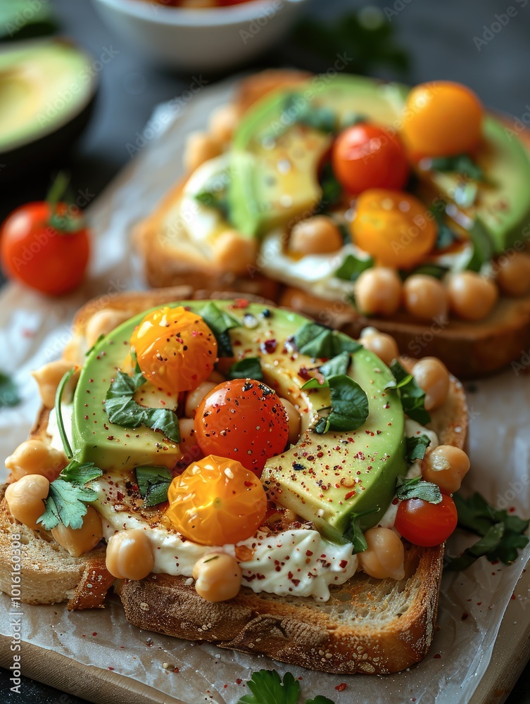 Φωτογραφία Two toasted meditation bread slices with cream cheese, chickpeas, and cherry tomatoes on top of the sheet, avocado in half cut off in two pieces lies between the bread