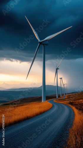 Lightning storm illuminating wind turbines with aluminum blades.