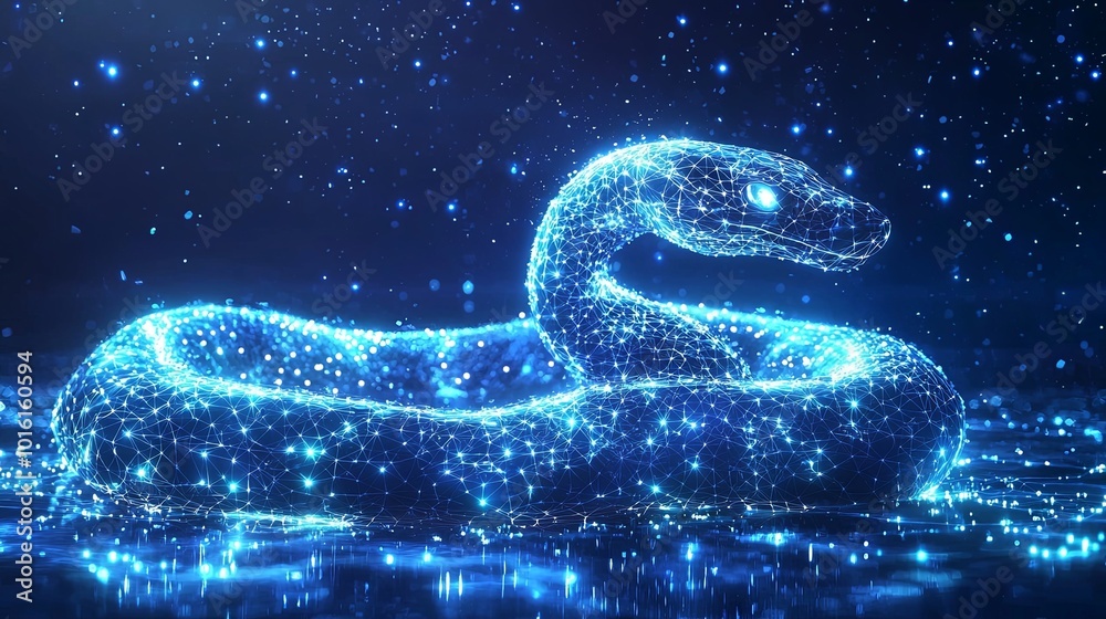 A luminous abstract snake appears seamlessly on a night sky backdrop, capturing an intersection of nature's elegance with digital creativity and emotion. A luminous abstract snake appears seamlessly on a night sky backdrop, capturing an intersection of nature's elegance with digital creativity and emotion.