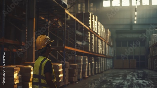 An industrial scene with a worker observing the vastness of an organized warehouse, showcasing dedication and perseverance.