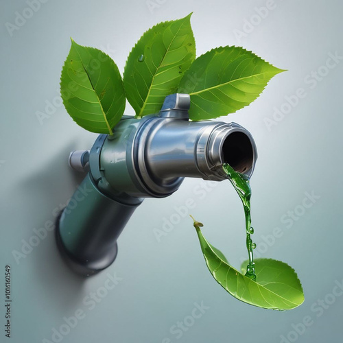 Realistic illustration fuel nozle with green leaf droped from top. photo