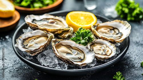 platter of fresh oysters rests invitingly on a rustic table at a harbor-side restaurant. The scene captures the essence of coastal dining, symbolizing freshness, community, and indulgence