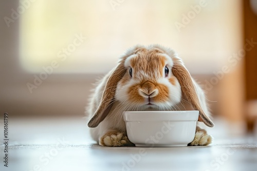 A cute brown lop-eared rabbit sits adorably by a white bowl, looking curiously ahead in a warm, softly lit indoor environment, embodying innocence and comfort. photo