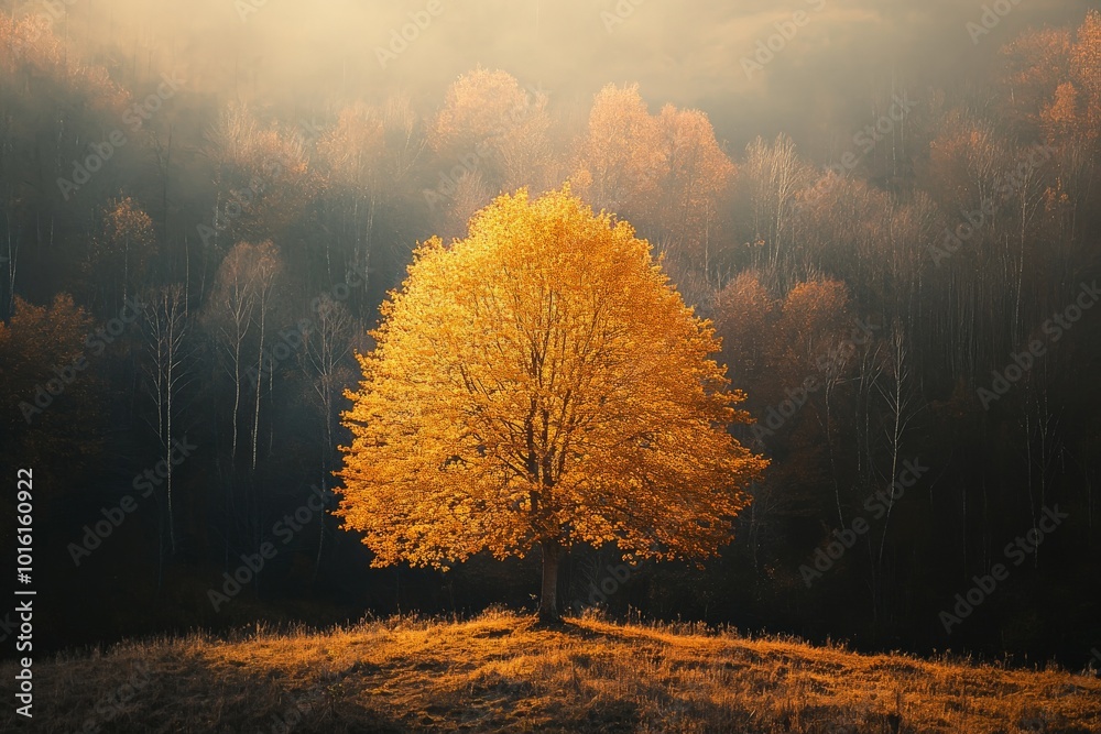 A golden tree shines in the midst of a hazy, darkened forest, creating a visually striking scene that highlights the tree's vibrant autumn colors. A golden tree shines in the midst of a hazy, darkened forest, creating a visually striking scene that highlights the tree's vibrant autumn colors.