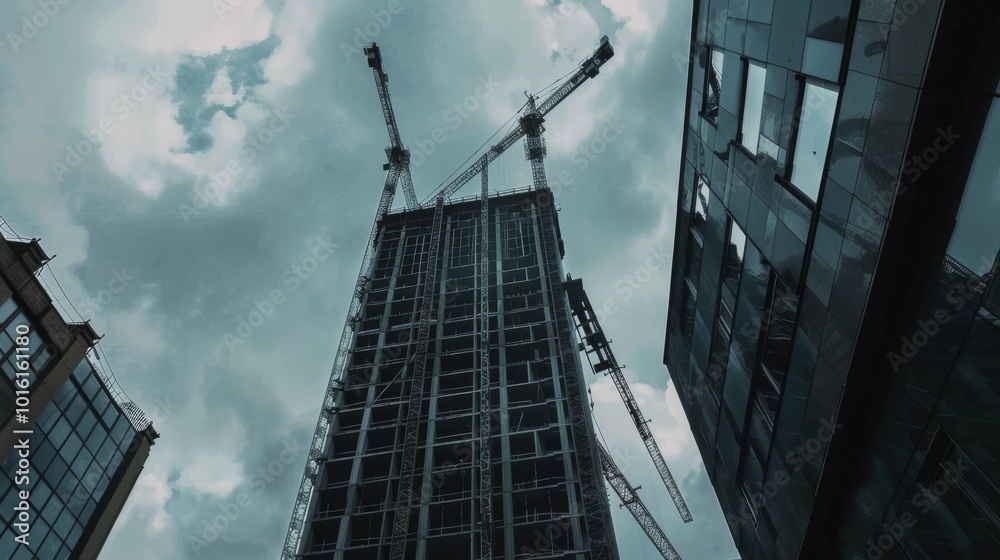 A towering building under construction reaches skyward amidst a backdrop of looming clouds, framed by adjacent structures. A towering building under construction reaches skyward amidst a backdrop of looming clouds, framed by adjacent structures.