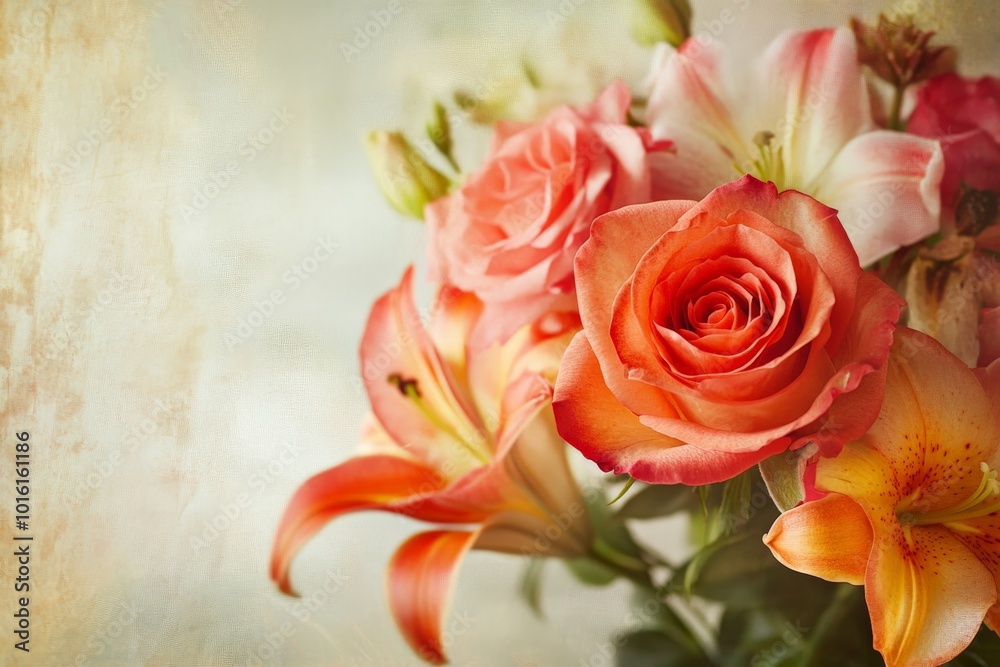 A beautiful bouquet of roses and lilies glows in warm and vibrant colors, symbolizing love and beauty, perfect for romantic gestures and heartfelt expressions. A beautiful bouquet of roses and lilies glows in warm and vibrant colors, symbolizing love and beauty, perfect for romantic gestures and heartfelt expressions.