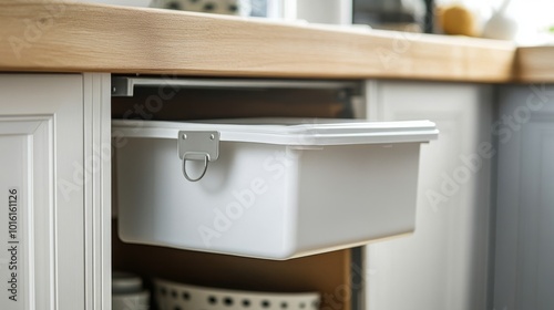 Under-sink trash bin hanging inside the cabinet, easy access and efficient organization for kitchen waste disposal