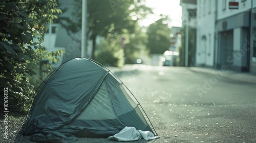 A small tent rests quietly on a suburban street at dawn, capturing a moment of stillness and quiet adventure amidst suburbia. photo