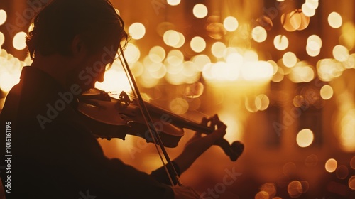 A violinist is silhouetted against a backdrop of glowing golden lights, creating an atmosphere of warmth and musical enchantment.