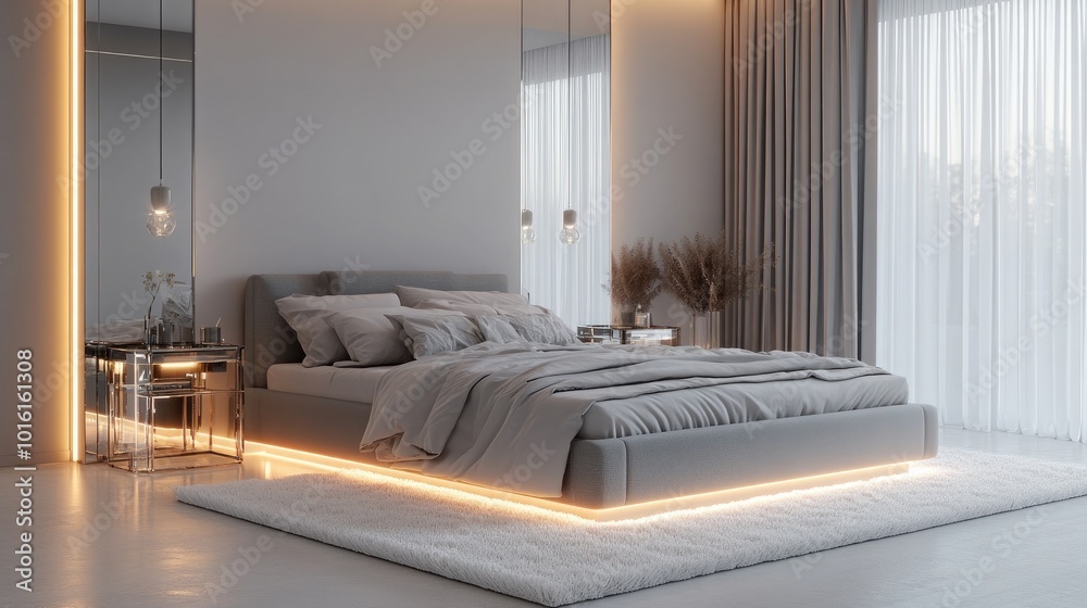 A serene Art Moderne bedroom with a minimalist grey bed