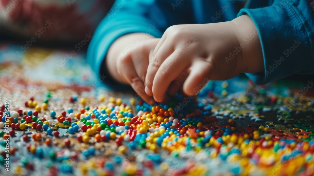 Tiny hands arranging colorful beads on a patterned mat, expressing creativity and the innocence of childhood play. Tiny hands arranging colorful beads on a patterned mat, expressing creativity and the innocence of childhood play.