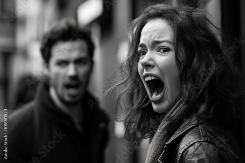 A woman passionately shouts; the man in the blurred background adds depth to this black and white city scene, capturing raw human emotion and conflict.