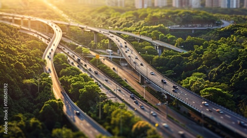 A stunning aerial view of winding highways weaving through lush greenery, bathed in golden light, a harmonious blend of urban structure and natural beauty.