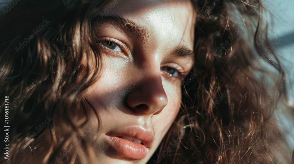 A close-up portrait of a young woman bathed in sunlight, her intense gaze and wild curls capturing the essence of natural beauty. A close-up portrait of a young woman bathed in sunlight, her intense gaze and wild curls capturing the essence of natural beauty.