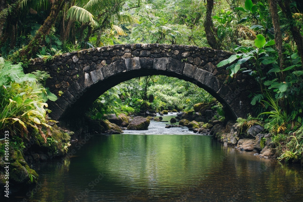 A graceful stone bridge elegantly spans a lush river in a jungle, embodying serenity and harmony within the naturally thriving green landscape. A graceful stone bridge elegantly spans a lush river in a jungle, embodying serenity and harmony within the naturally thriving green landscape.