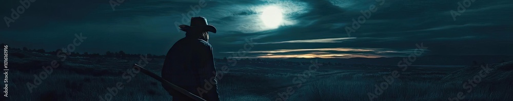 A lone figure stands in a dark field under a moonlit sky, holding a shovel and gazing into the horizon. A lone figure stands in a dark field under a moonlit sky, holding a shovel and gazing into the horizon.