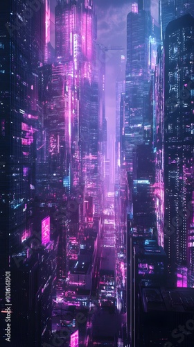 Futuristic cityscape with neon lights and towering skyscrapers.