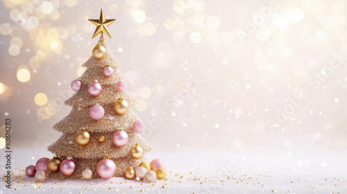 Elegant pink and gold christmas tree with glittering ornaments and star topper against sparkling bokeh background